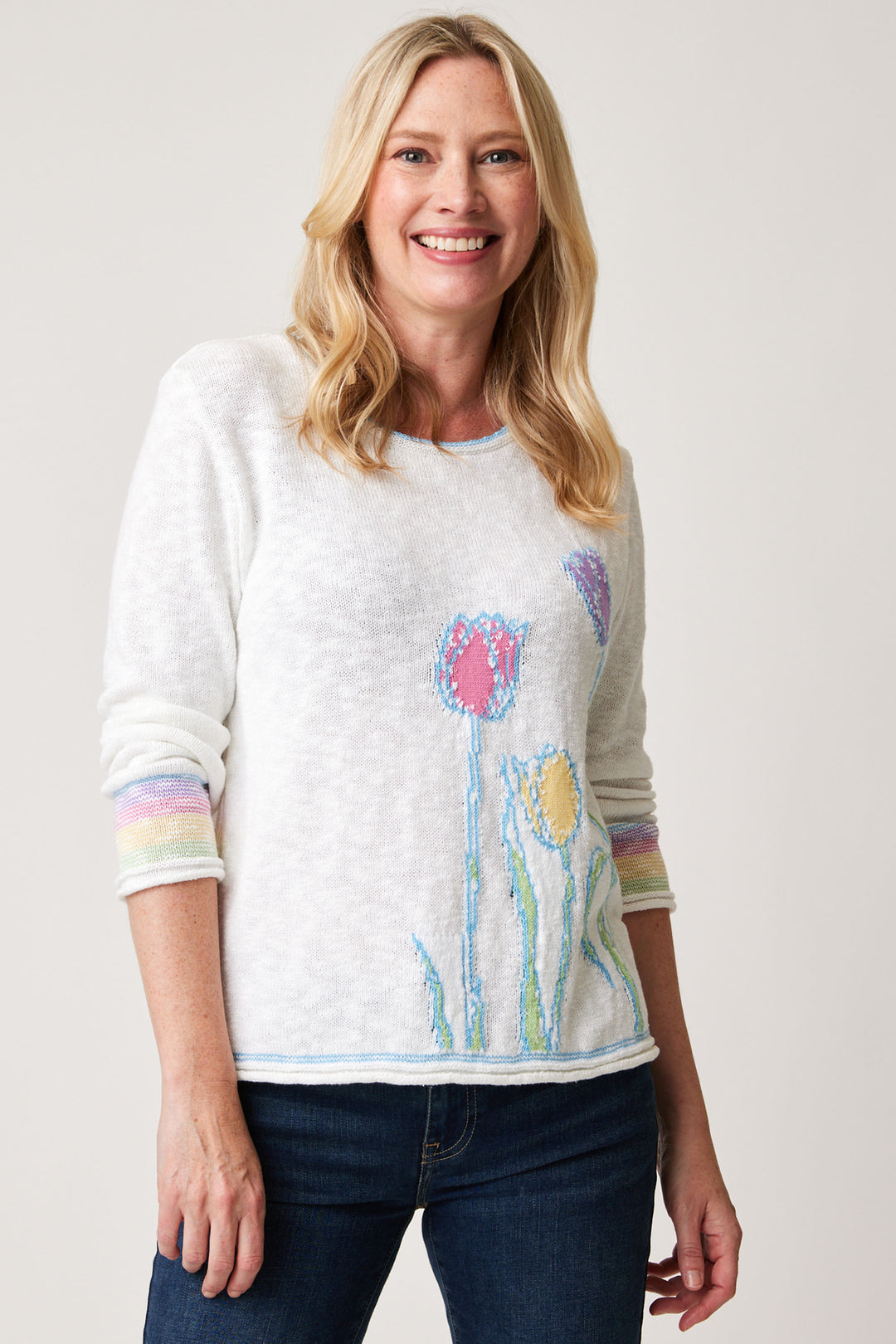 COTTON COUNTRY Spring 2024 Made with soft and cozy slub cotton, this sweater features adorable tulip prints on the front, perfect for the Easter season.