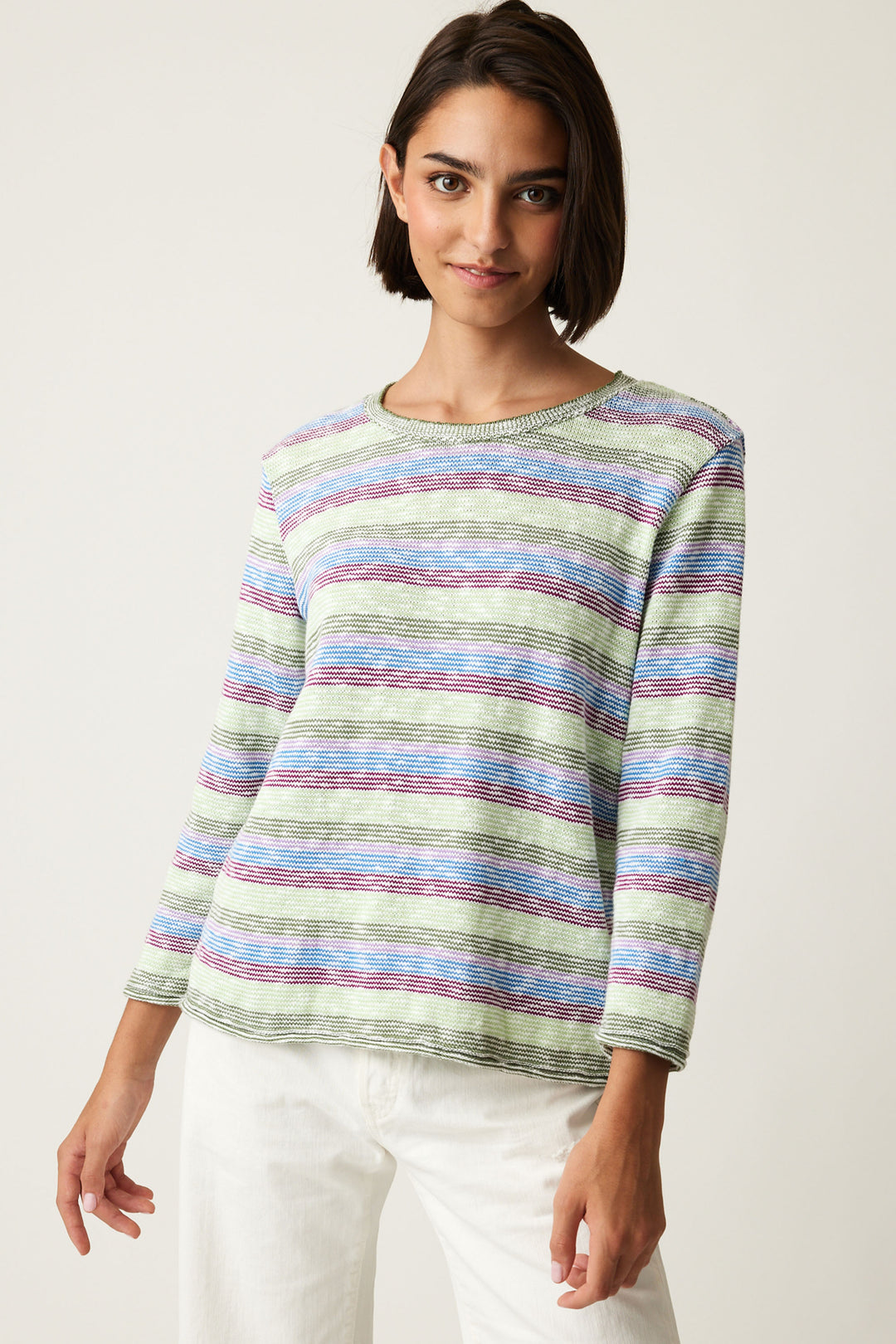 COTTON COUNTRY Spring 2024 Made with a light sweater material, it's soft and comfy for all-day wear. The unique spring striped design adds a touch of style, while the cropped sleeves and round neck make it a versatile piece for any occasion. 