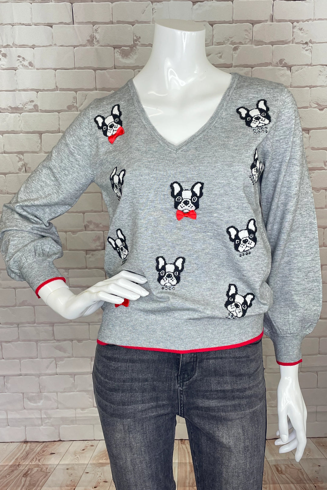 Our Frenchie Long Sleeve V-neck features an adorable doggie print all-over, some with cute bow ties and others with some bling!