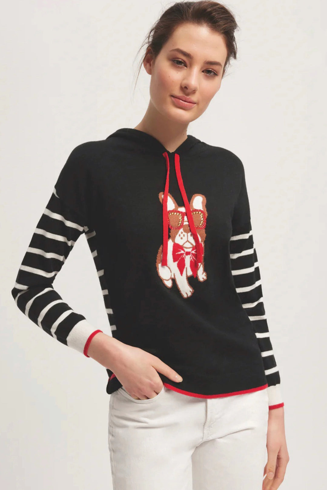 This fab look features a cool dog print with glasses and bow tie plus a drawstring hoodie and those oh so stylish white stripes along the sleeves. 