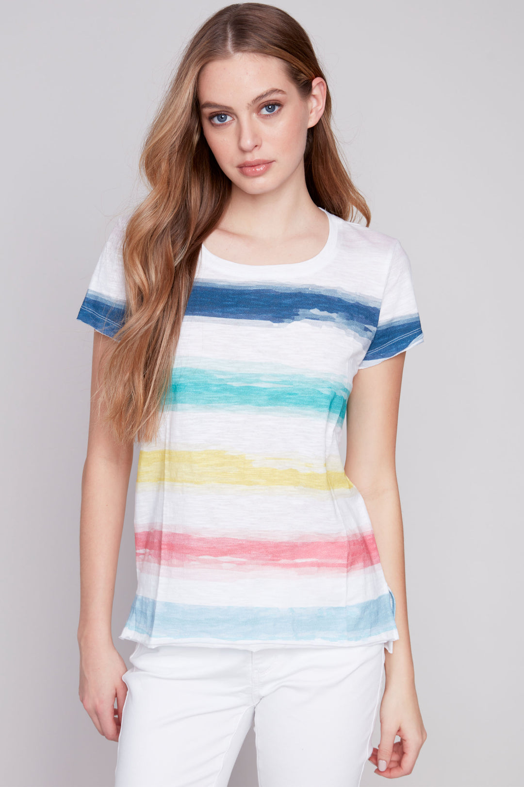Charlie B Summer 2024 This short sleeve knit top features an eye-catching stripe design pattern, is light, airy and ready for any adventure this season~! 