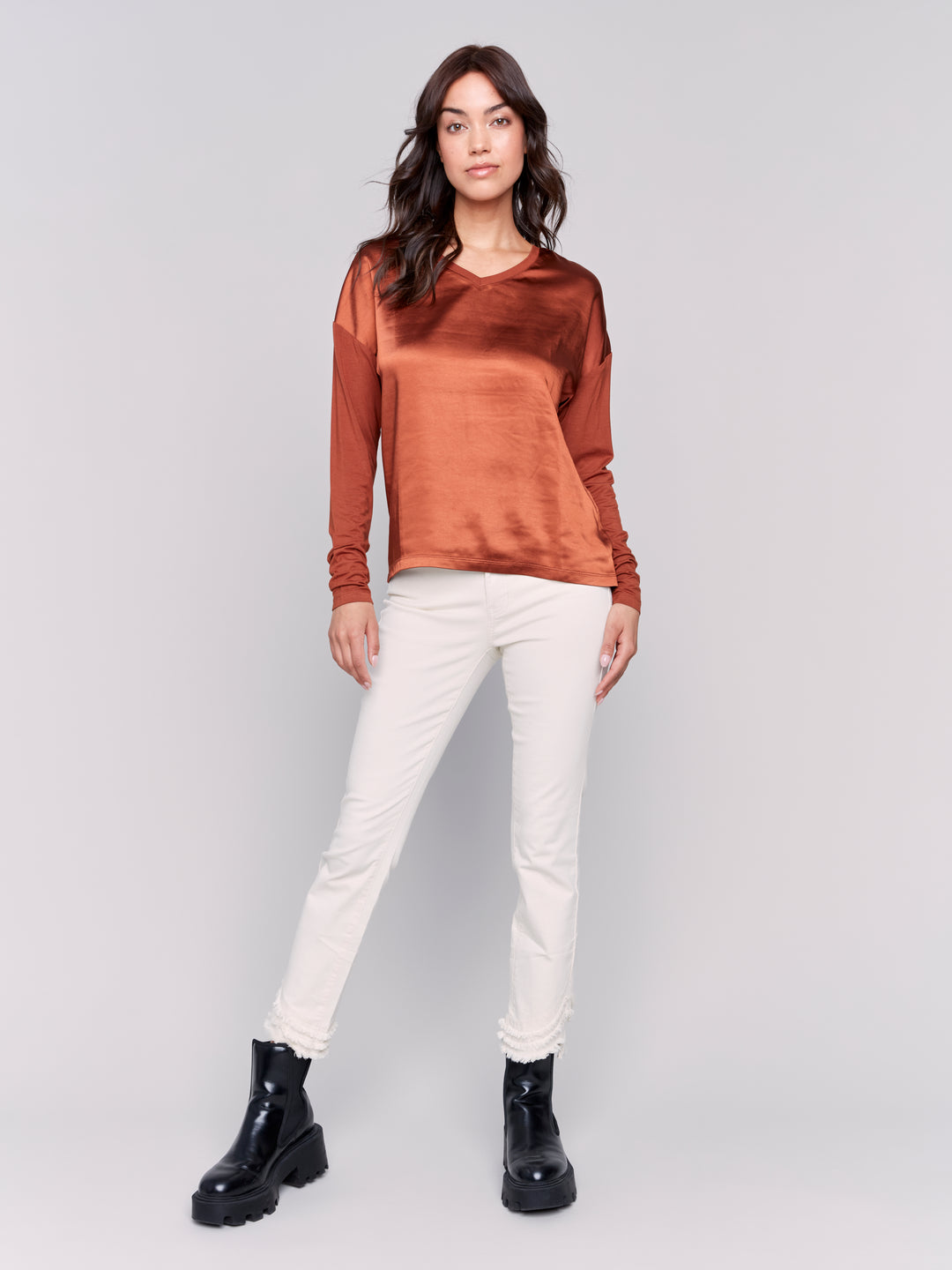 SATIN FRONT LS V-NECK TOP