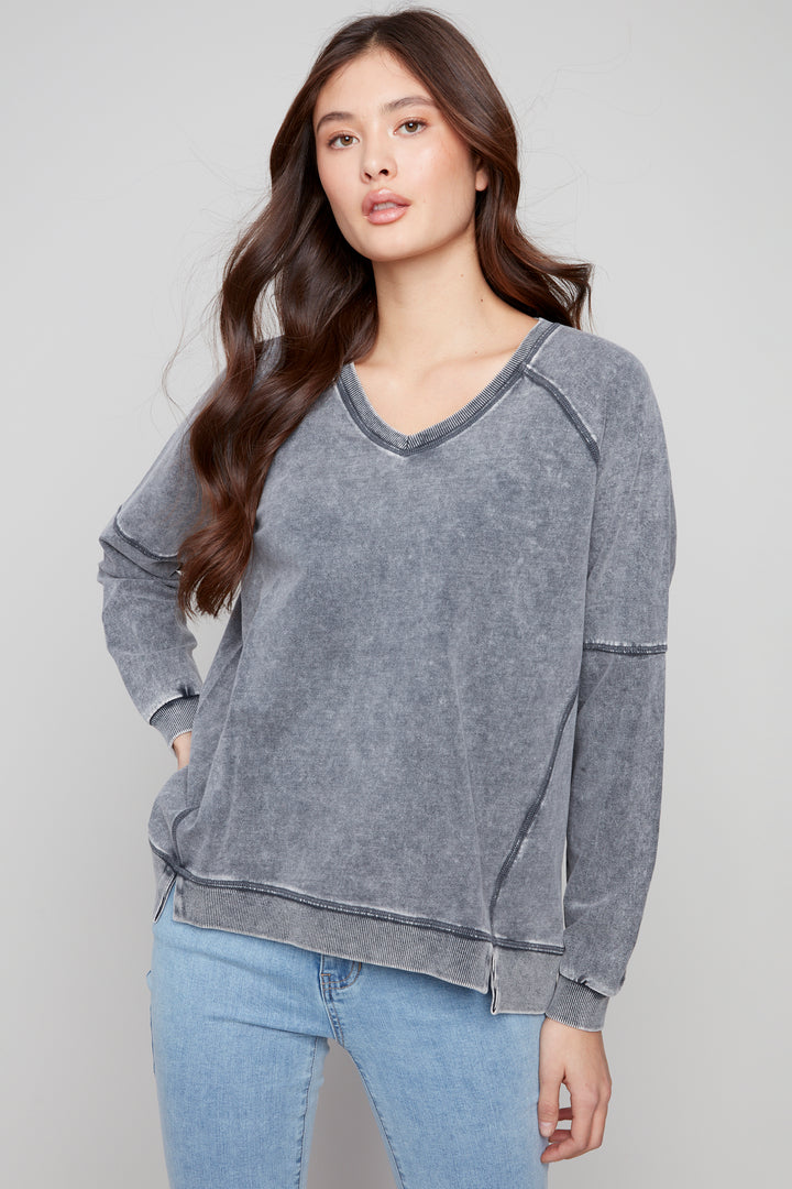 COLD DYE FRENCH TERRY V-NECK TOP