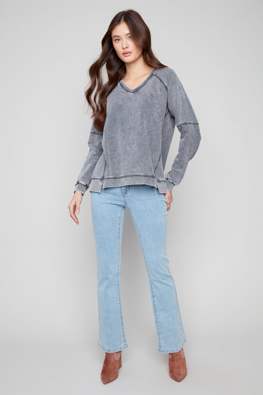 COLD DYE FRENCH TERRY V-NECK TOP