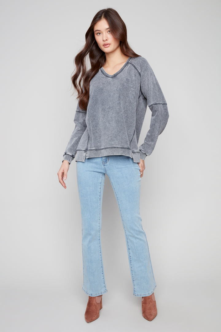 COLD DYE FRENCH TERRY V-NECK TOP