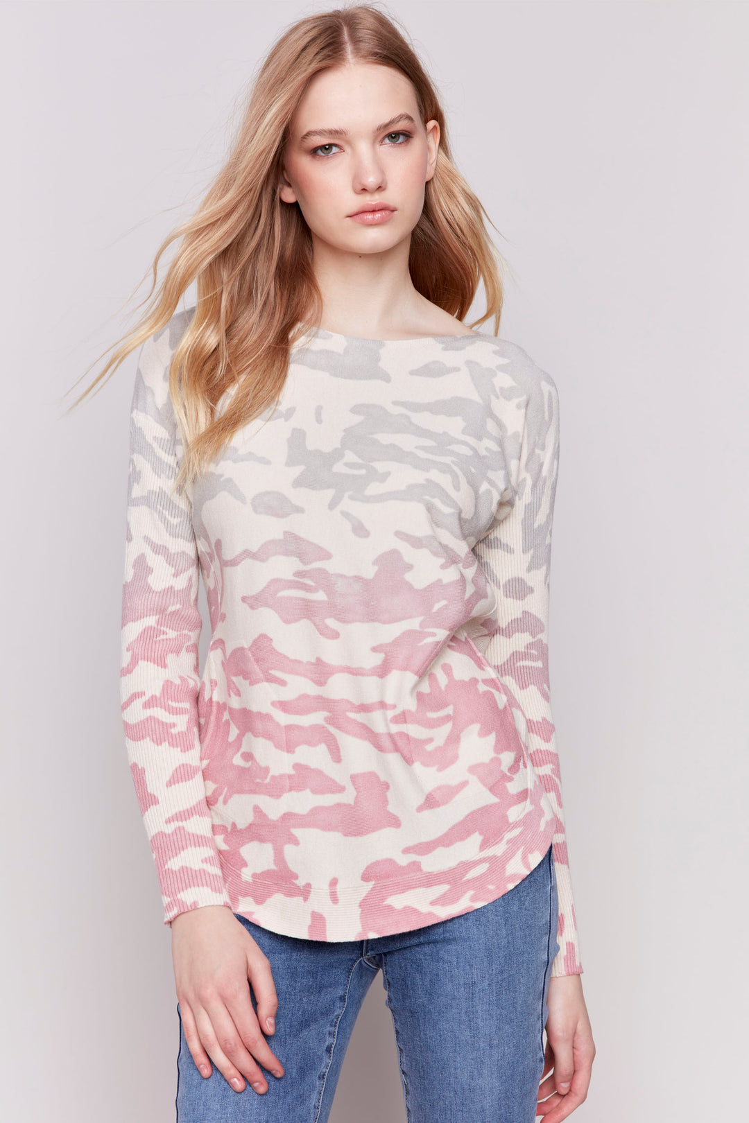 Charlie B Fall 2024 This Two Tone Camo Long Sleeve Top is made of printed plush knit fabric, with two tone grey and light pink colouring.