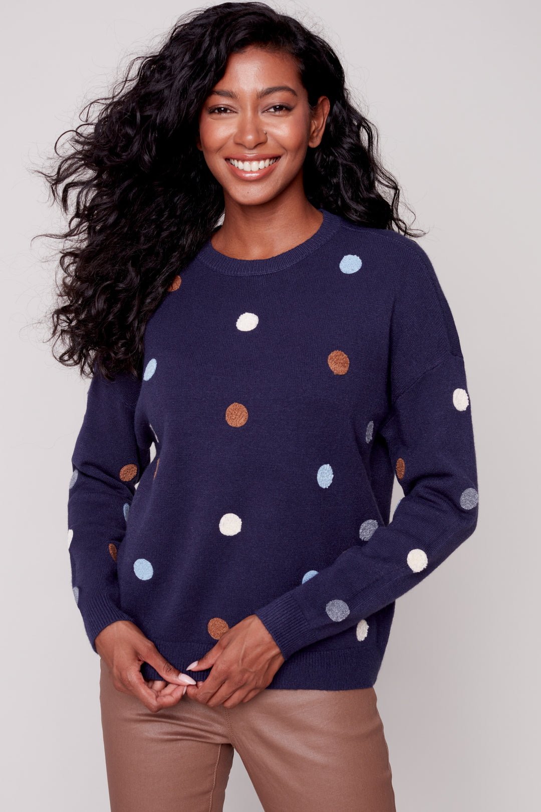 Charlie B Fall 2023 women's casual long sleeve crew neck polka dot light pullover sweater- Navy front