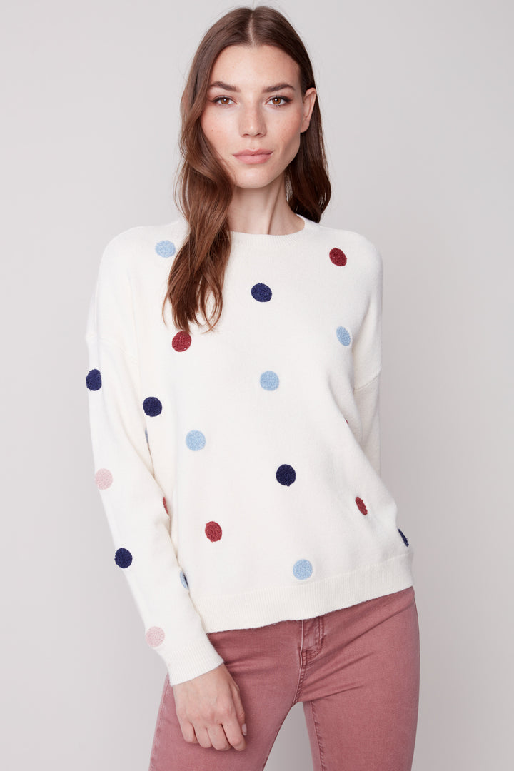 Charlie B Fall 2023 women's casual long sleeve crew neck polka dot light pullover sweater - Ecru front