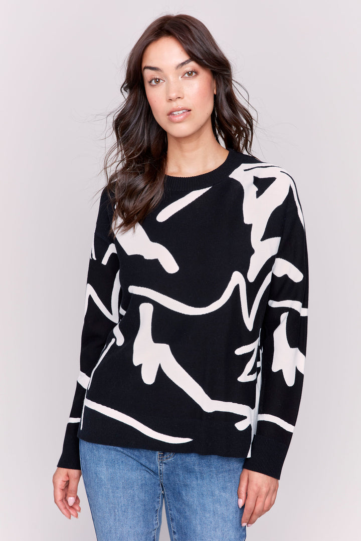 Charlie B Fall 2024  Crafted from all cotton, this crew-neck sweater sports a neat abstract sketch print to express yourself in style. 