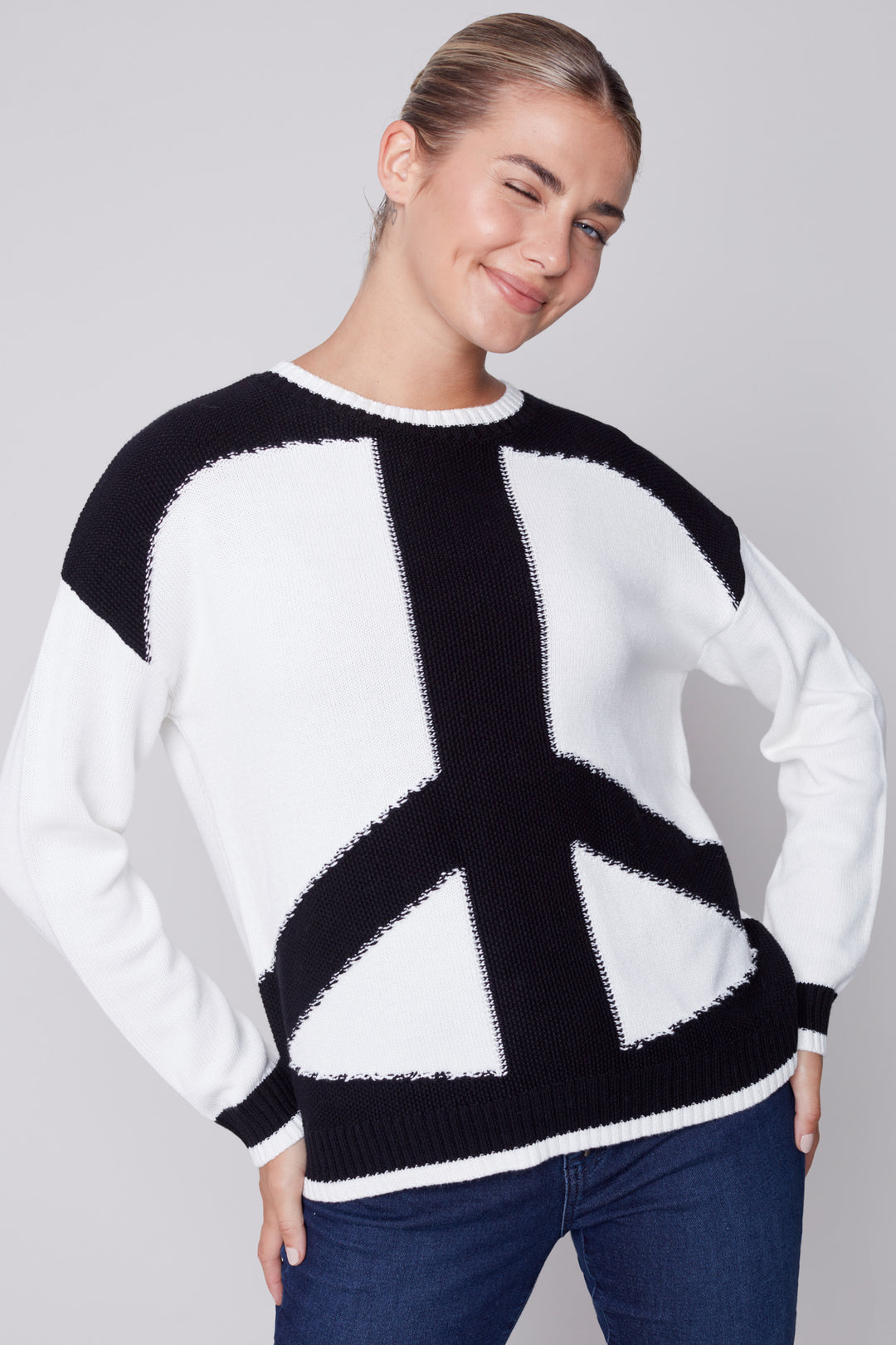 Cotton Blend Sweater with Peace Sign