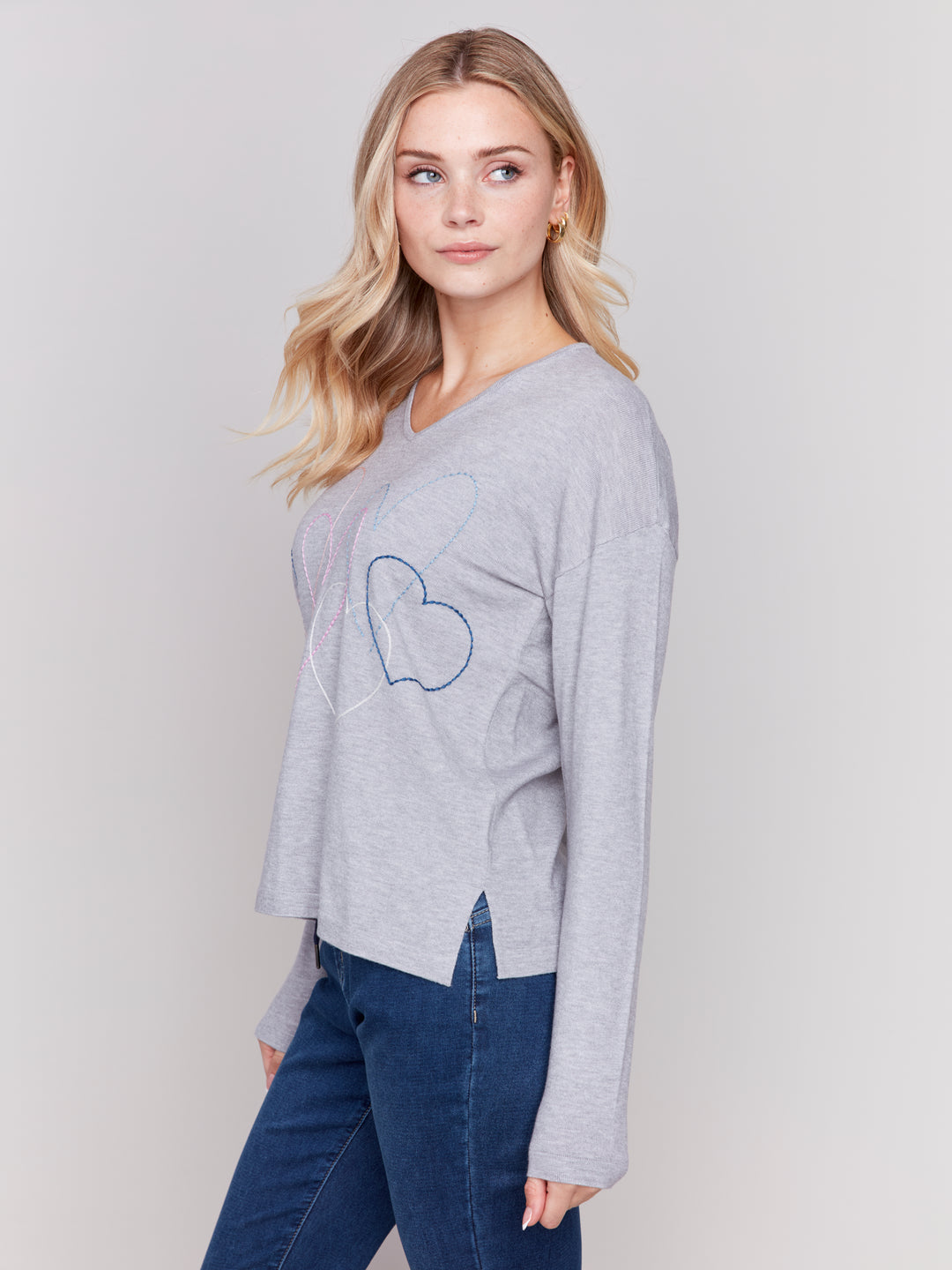 EMBROIDERED HEARTS LS V-NECK