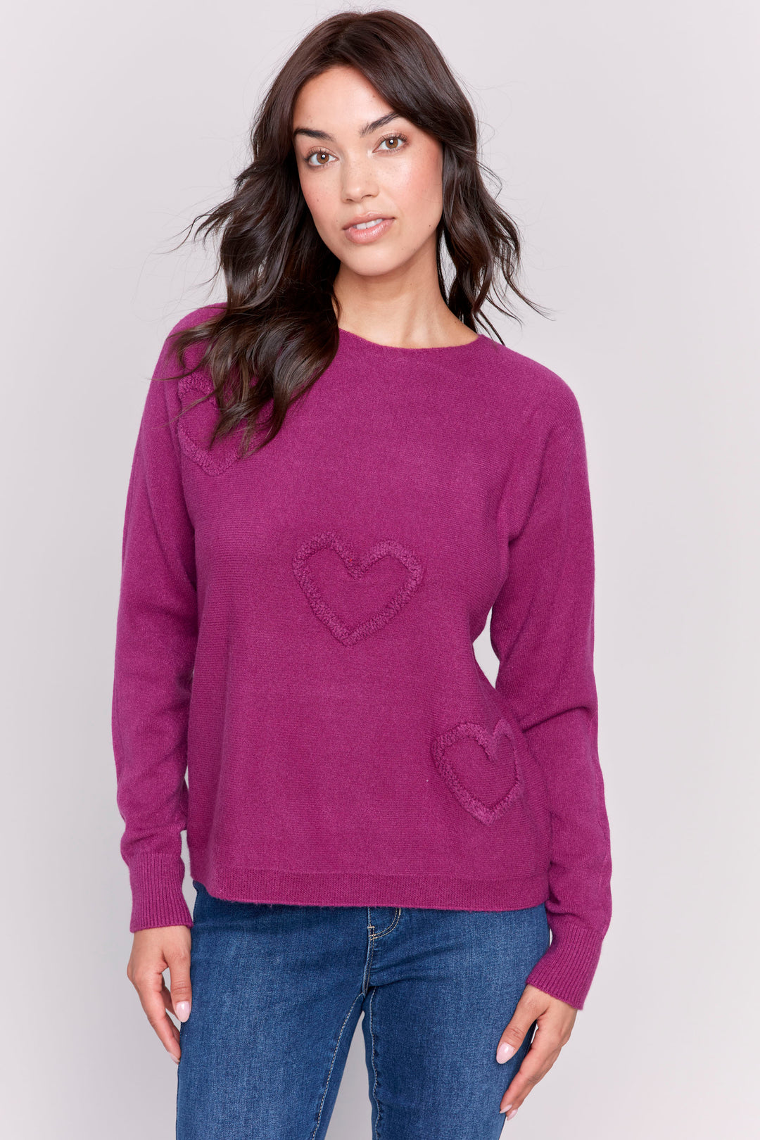 Charlie B Fall 2024  This light sweater top features beautifully embroidered hearts, perfect for a classic and stylish look. 