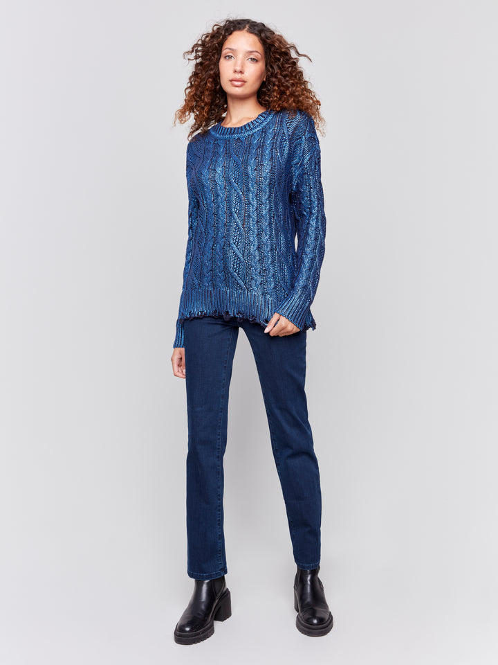 FOILED CABLE KNIT LS TOP