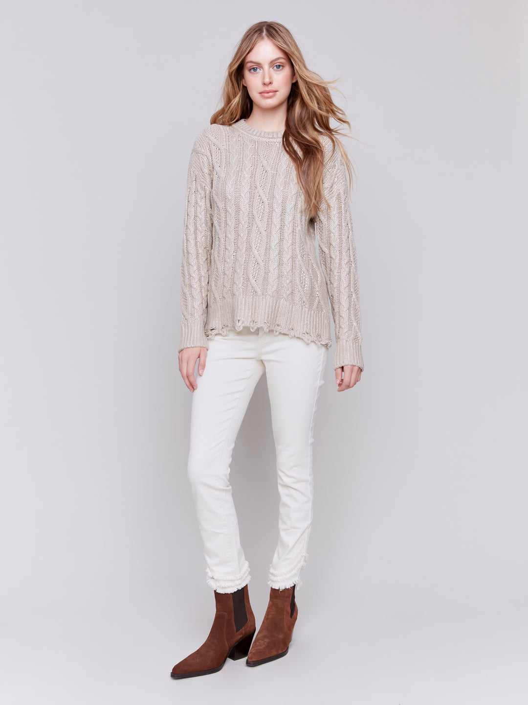 FOILED CABLE KNIT LS TOP