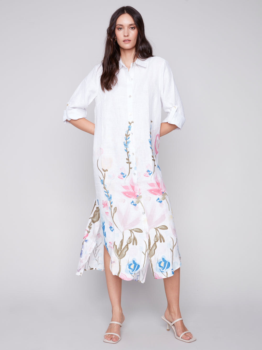 Charlie B spring 2024 women's casual linen long blouse duster shirt dress with floral print - front