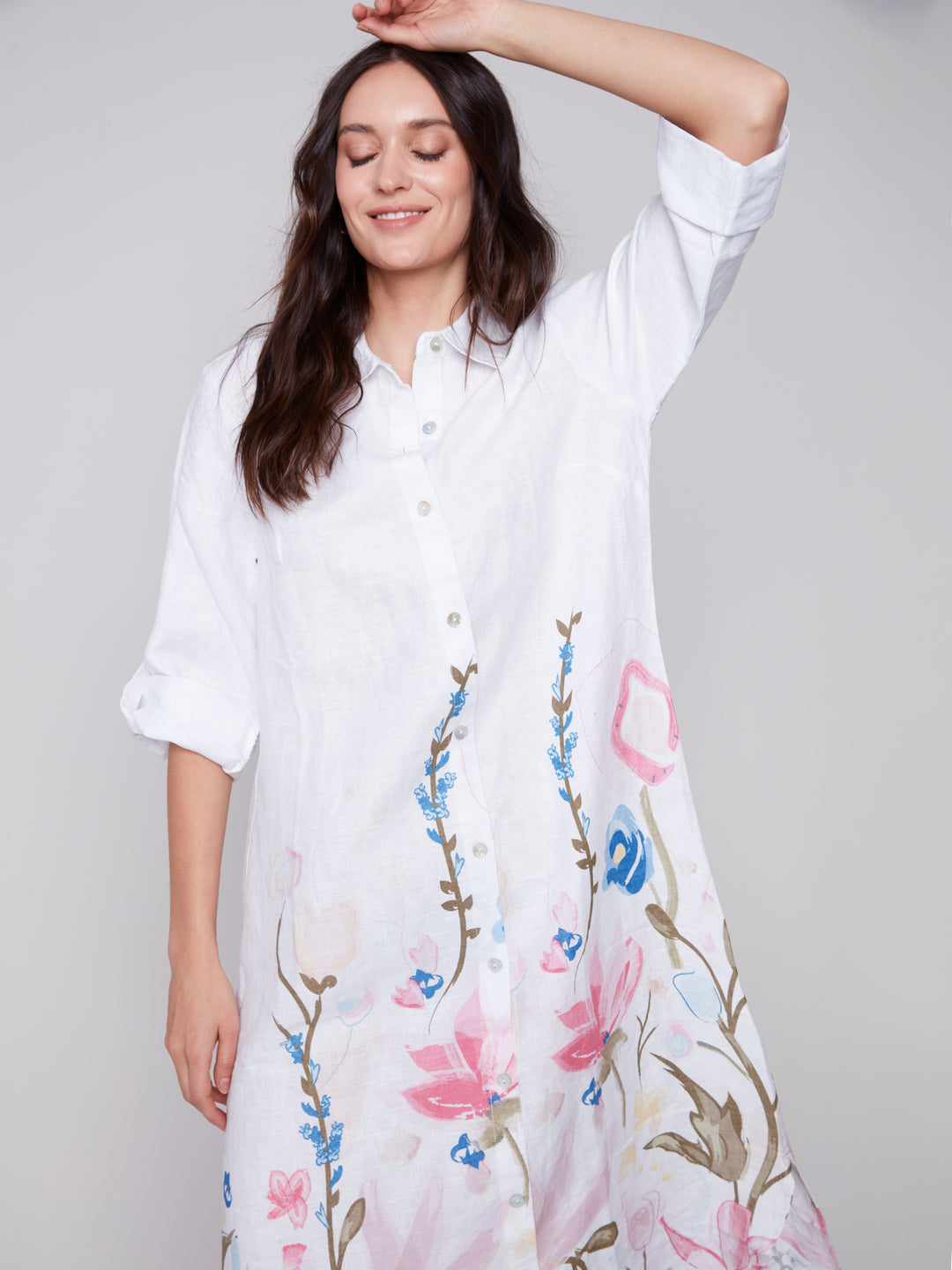 Charlie B spring 2024 women's casual linen long blouse duster shirt dress with floral print - detail