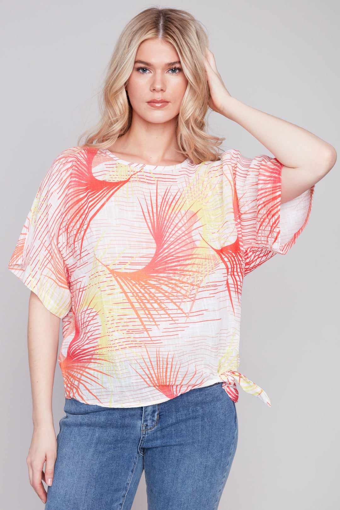 Charlie B Summer 2024 Made of soft, lightweight printed cotton gauze, this top features a neat palm print all-over and trendy dolman sleeves.
