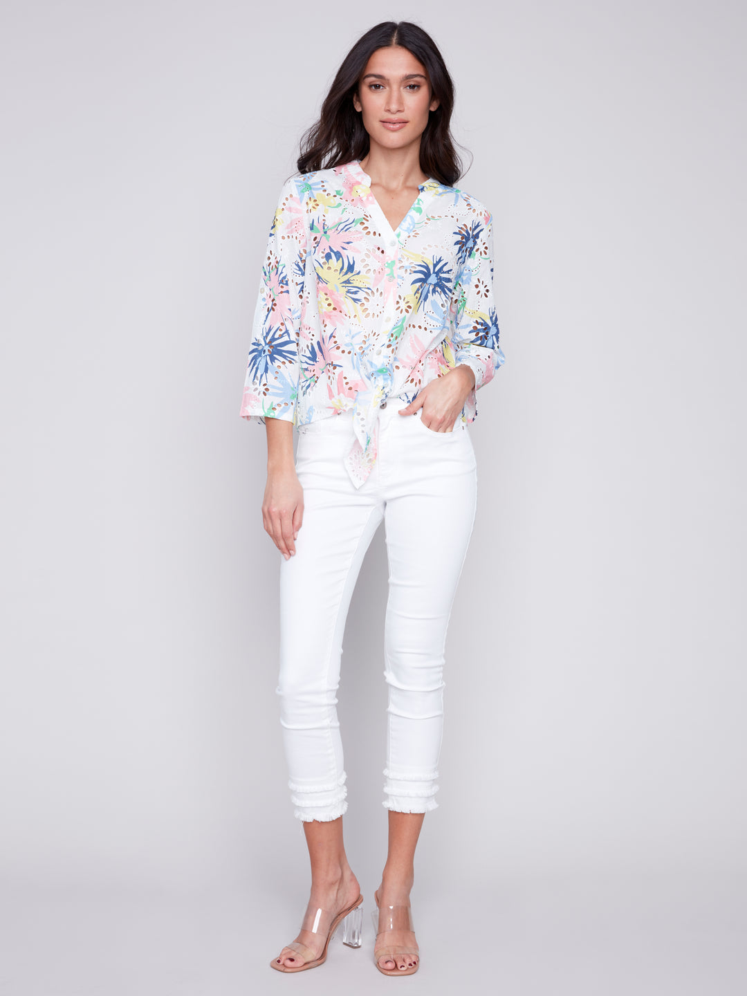 FLORAL EYELET TIE FRONT BLOUSE