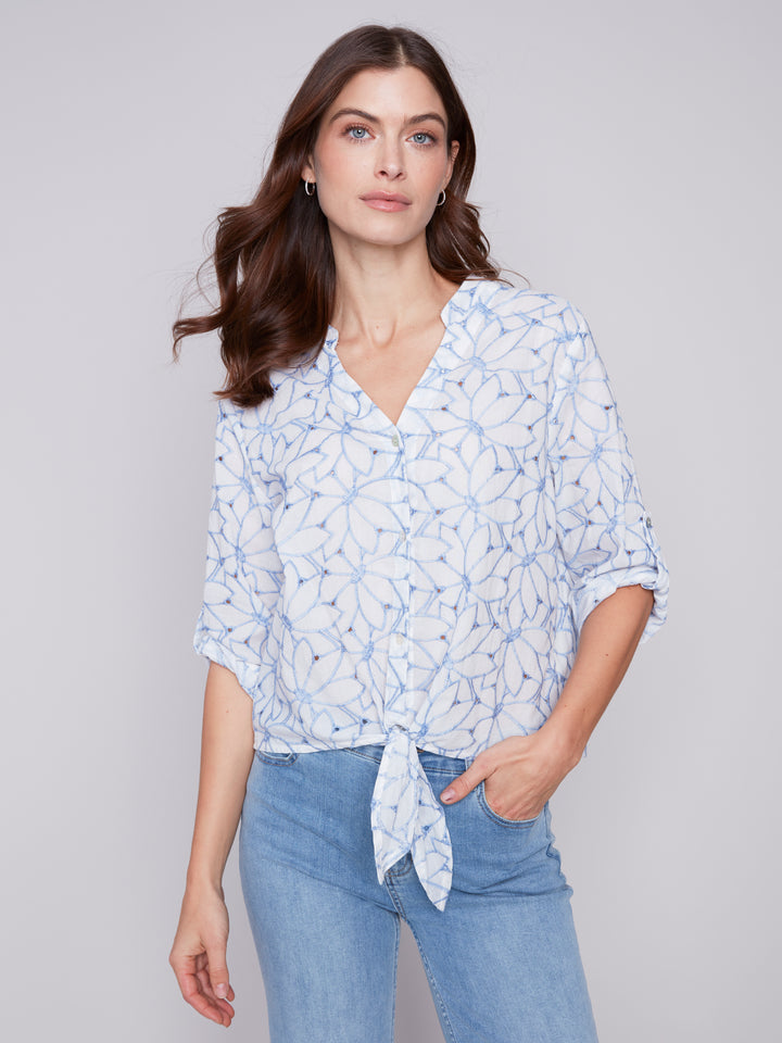EMBROIDERED TIE FRONT BLOUSE