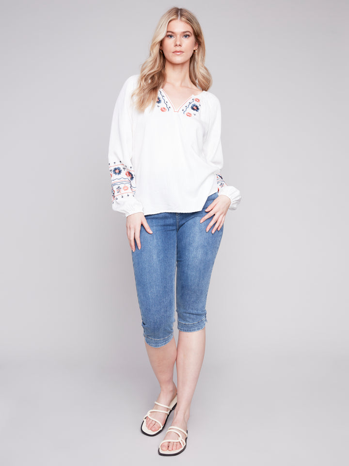 EMBROIDERED PEASANT TOP