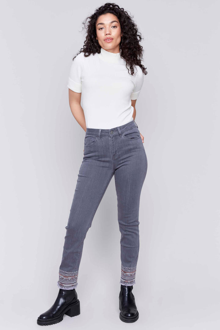 Charlie B Fall 2024 The medium grey denim material offers comfort, while the embroidered detailing at the hem adds style.