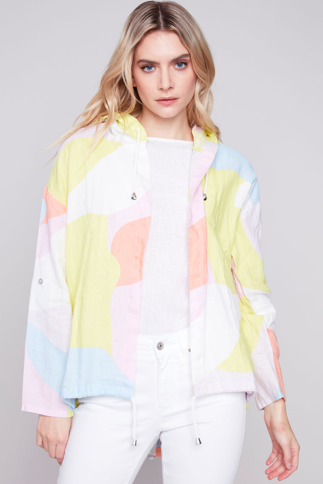This gorgeous Print Hoodie Jacket is perfect for layering and with its charming print, hooded construction and drawstring detailing along the waist is made for spring days. 