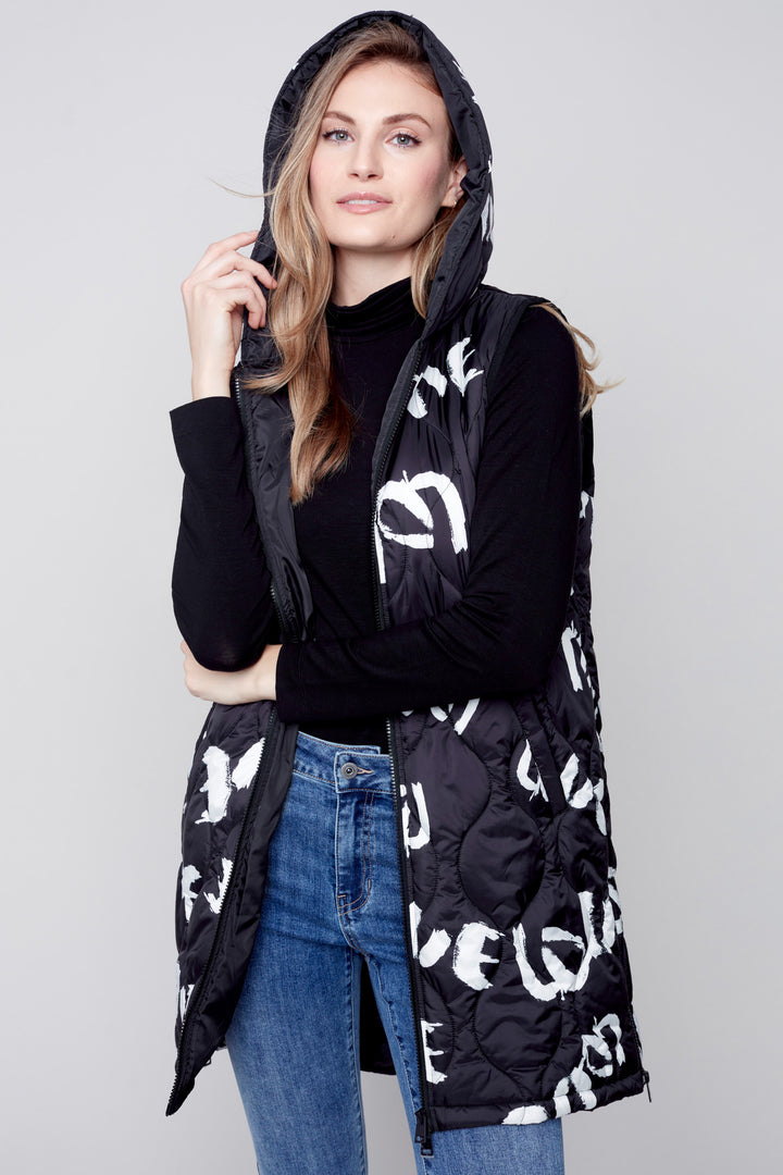 Printed Long Quilted Puffer Vest with Hood