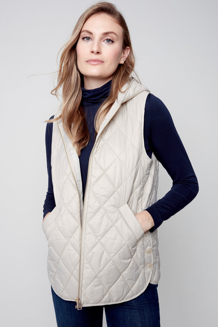 Charlie B Fall 2023 women's casual quilted vest with pockets and hood - Almond front