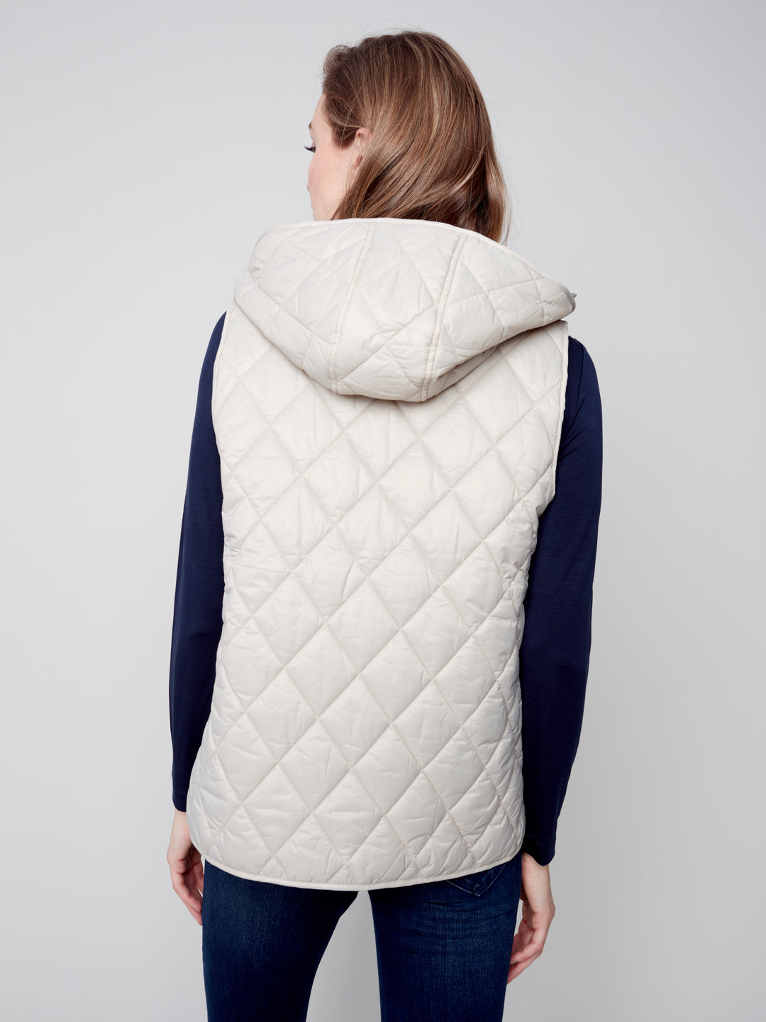 Charlie B Fall 2023 women's casual quilted vest with pockets and hood - Almond back