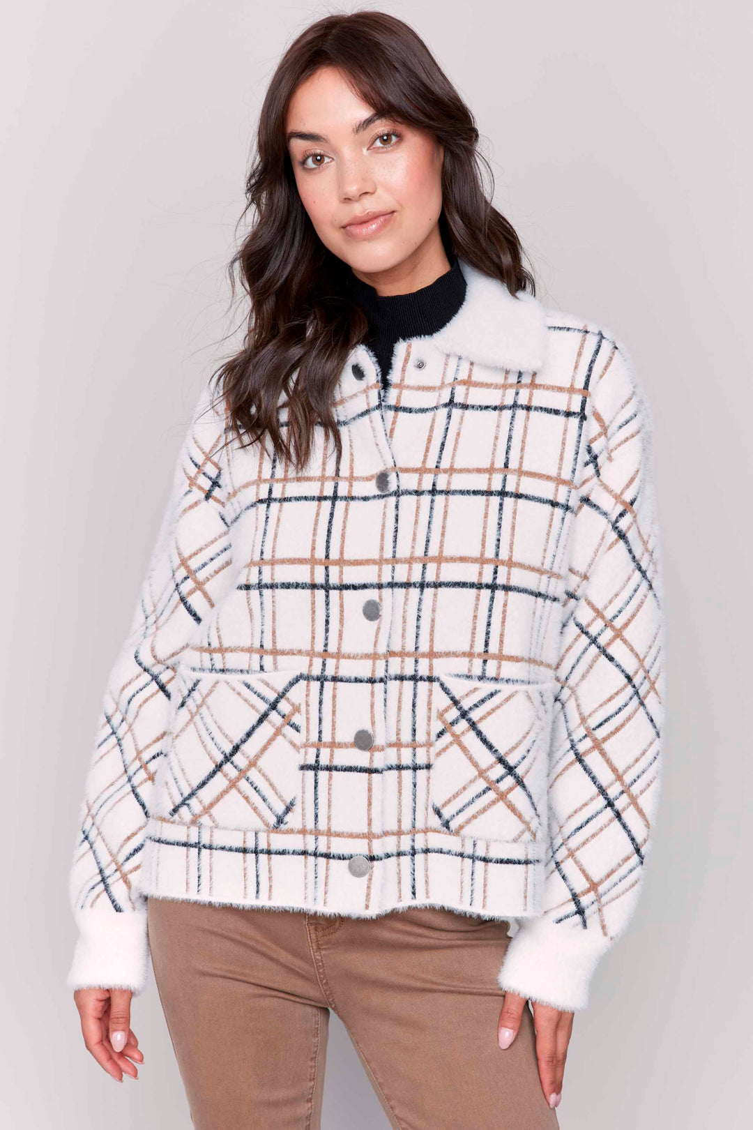 Charlie B Fall 2024  Introducing our Eyelash Yarn Check Jacket, perfect for those who want to keep it casual yet stylish! Crafted with soft yarn, front buttons, a contrast neckline and cuffs and a plaid design print.