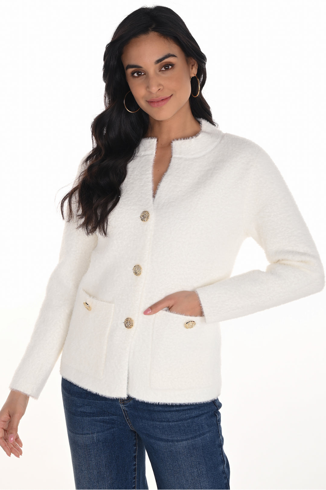 Frank Lyman Fall 2025 
 Featuring a flattering straight cut, split neck, and convenient front patch pockets, it offers both style and practicality. Perfectly versatile, this cardigan can be dressed up for a polished ensemble or paired casually with jeans for everyday wear. 
