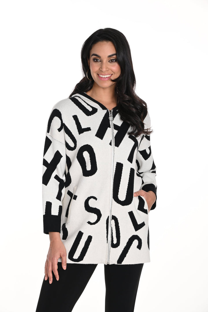 Frank Lyman Fall 2024 The slightly relaxed fit and side pockets make it easy to wear, perfect for layering. Stay warm and trendy with the versatile hood and neat letter print design.