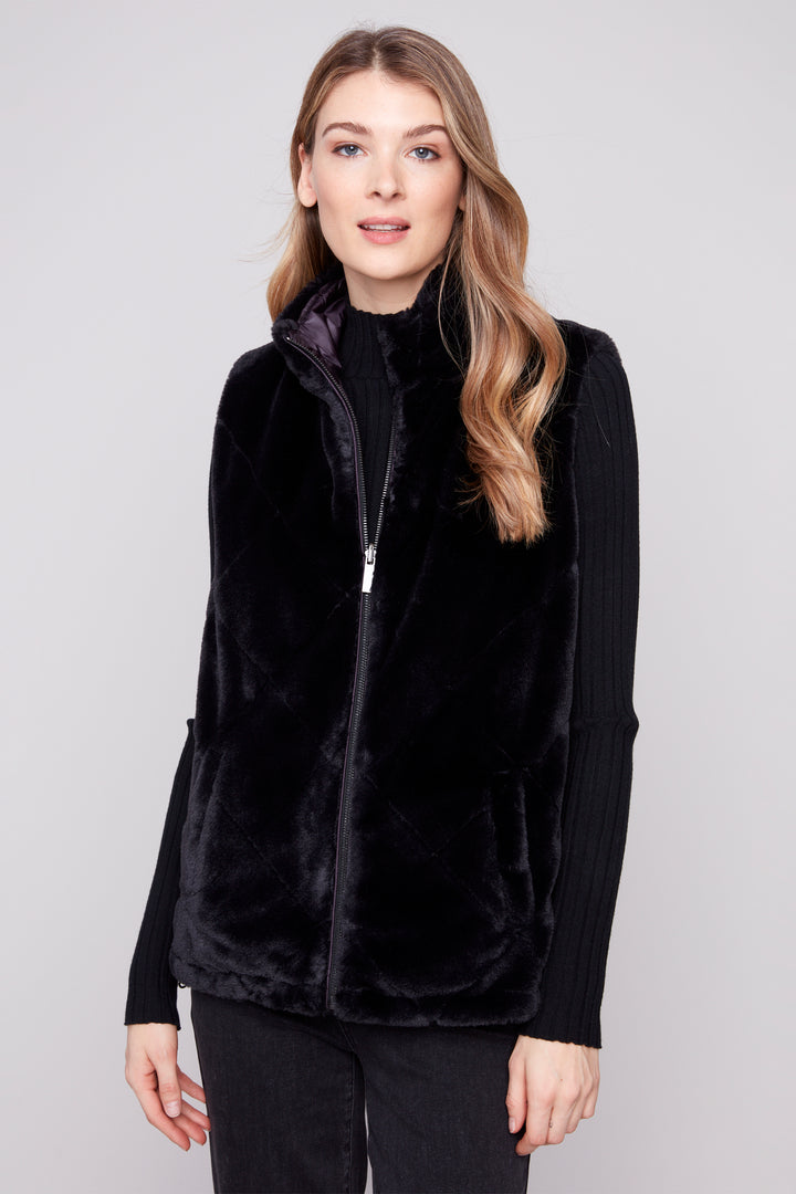 FLORAL & FAUX FUR QUILTED REVERSIBLE VEST