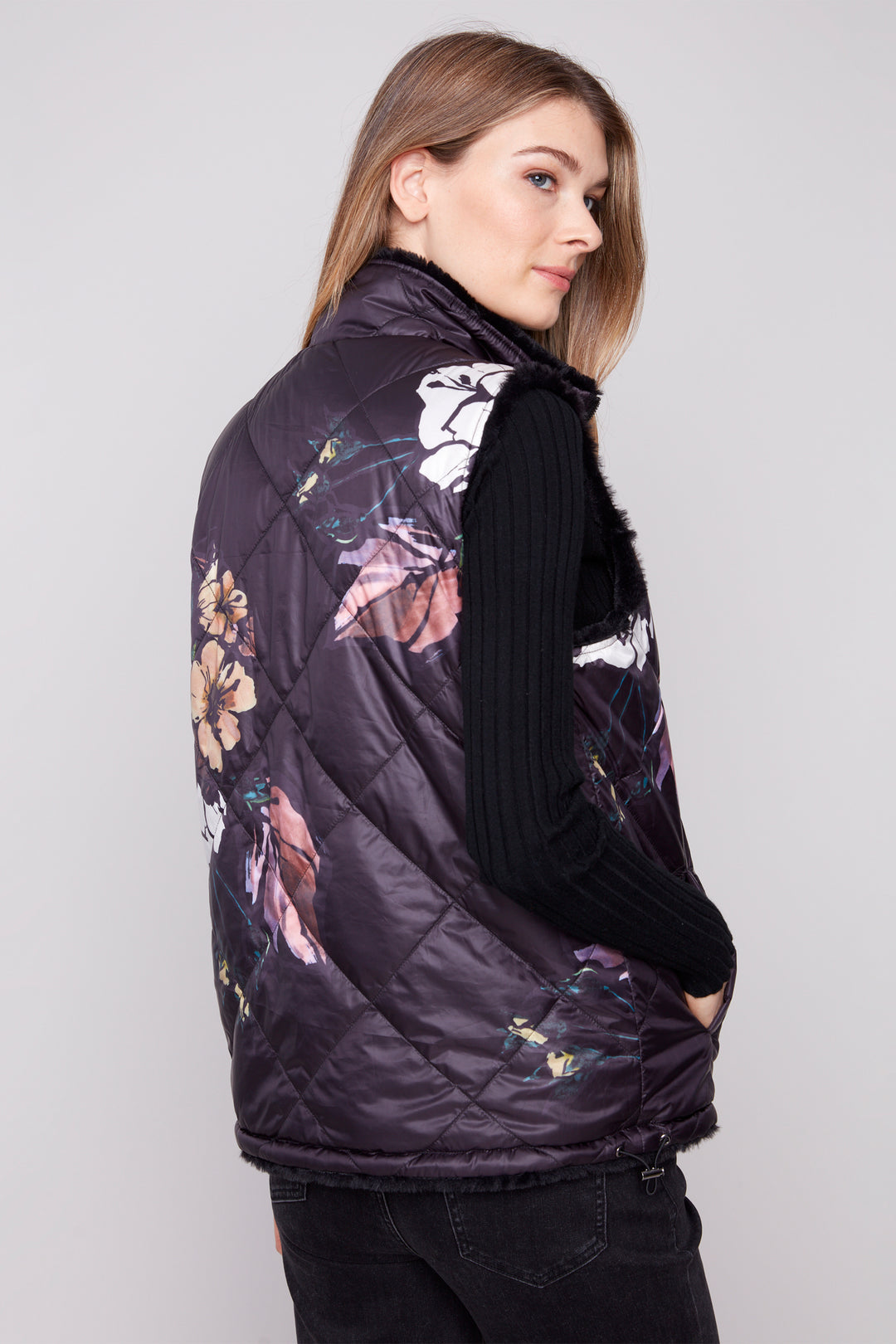FLORAL & FAUX FUR QUILTED REVERSIBLE VEST