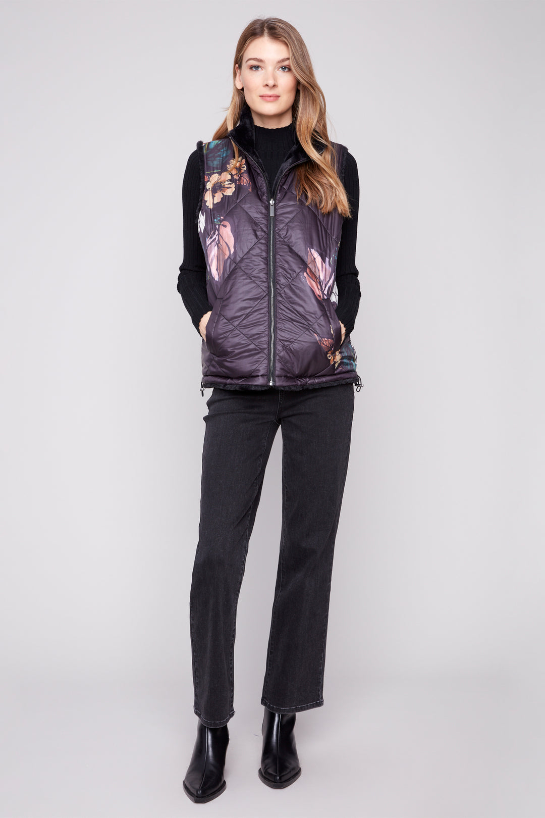 FLORAL & FAUX FUR QUILTED REVERSIBLE VEST