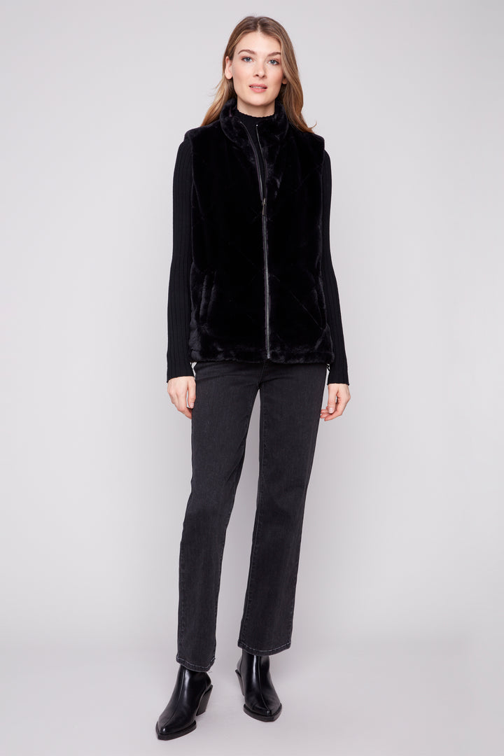 FLORAL & FAUX FUR QUILTED REVERSIBLE VEST