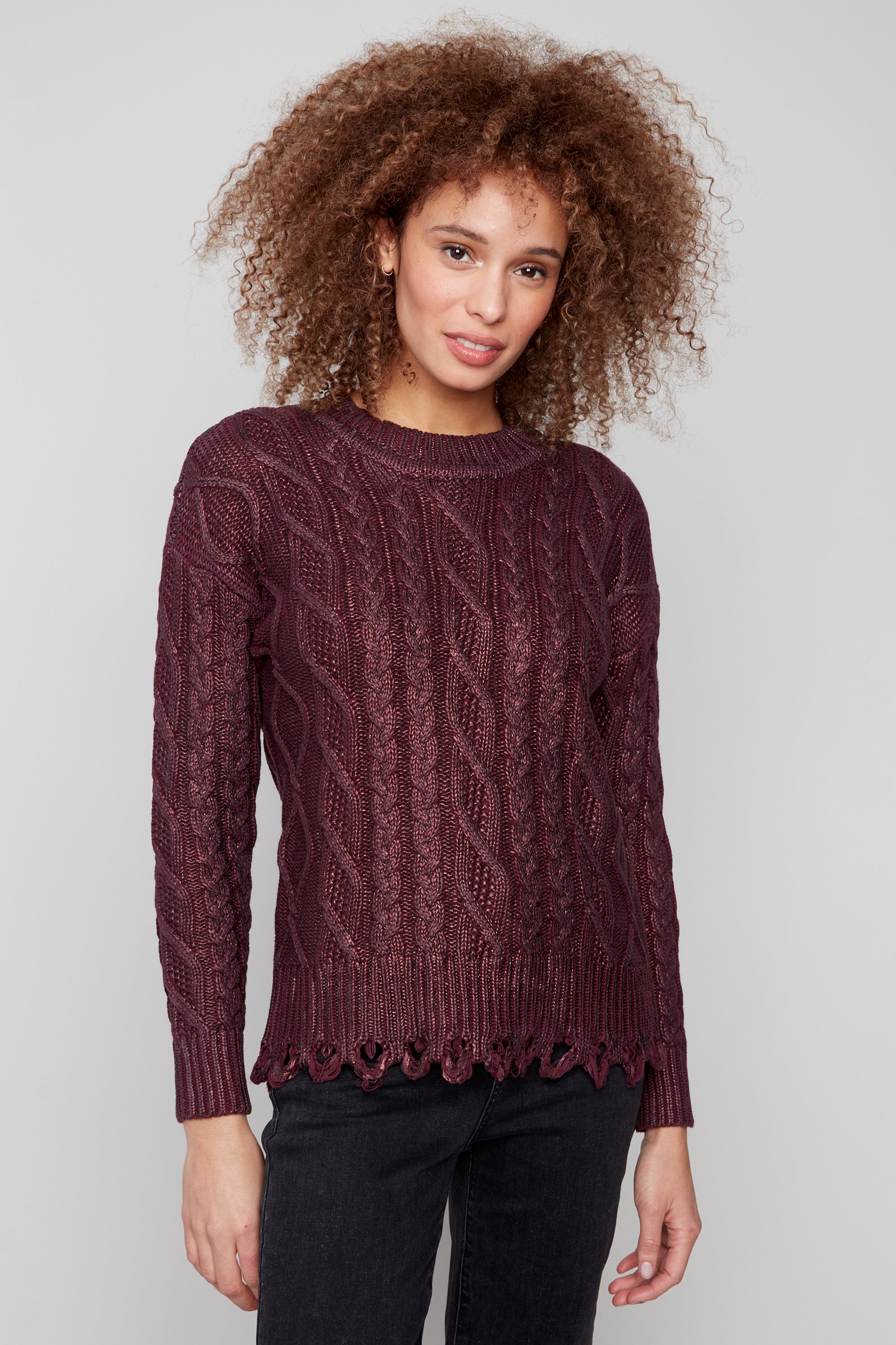 FOILED CABLE KNIT LS TOP – Aldila Boutique