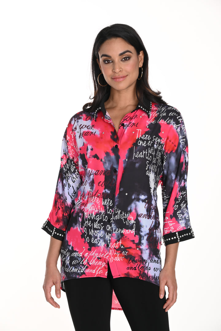 Frank Lyman Fall 2024 women's casual high-low blouse with tie-dye and word print - Front