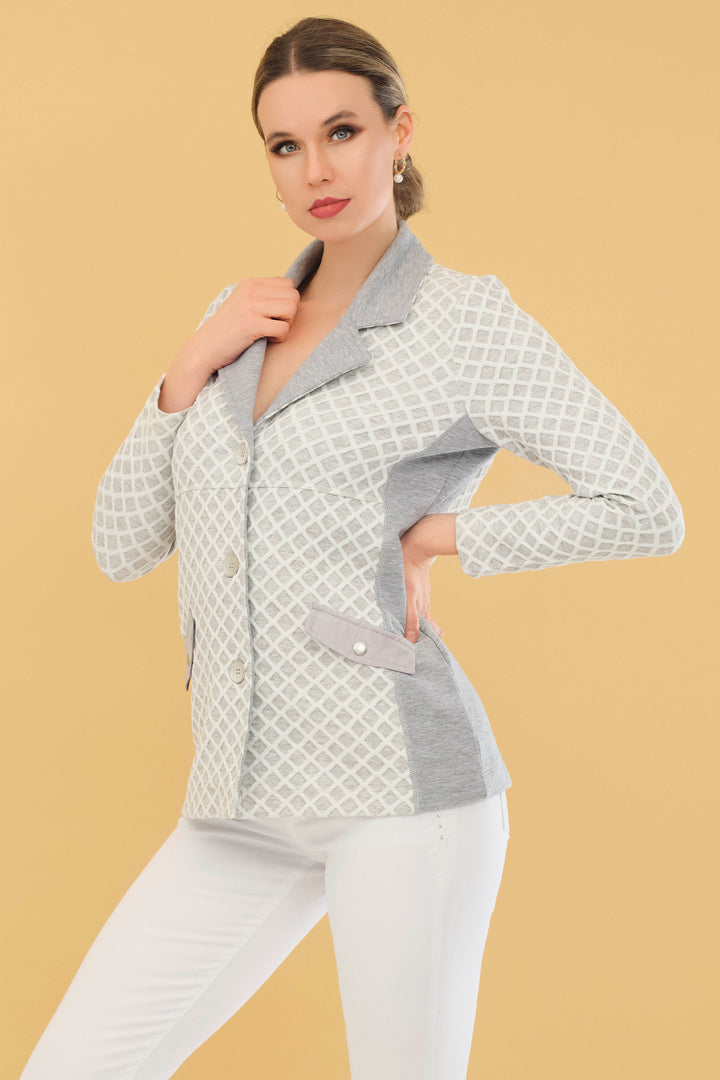 Perfect for a polished look, this timeless piece features an intricate motif pattern, honeycomb, classic collar with front buttons, and convenient side pockets. 