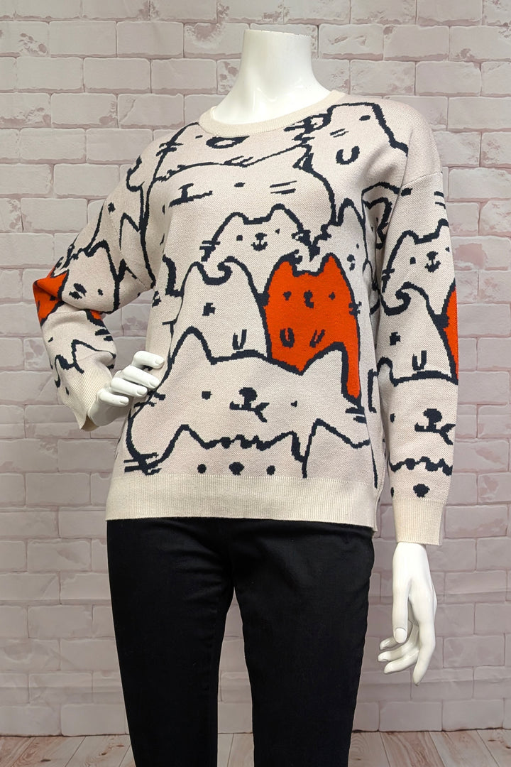 Etern Fall 2025 
Get ready to embrace your inner cat lover with this super comfy knit pullover sweater top! Featuring drop shoulders and a relaxed fit, it's the perfect blend of comfort and style. 