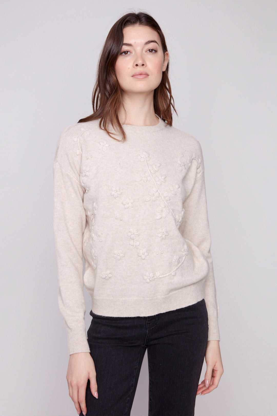 LS TOP WITH TONAL FLORAL EMBROIDERY