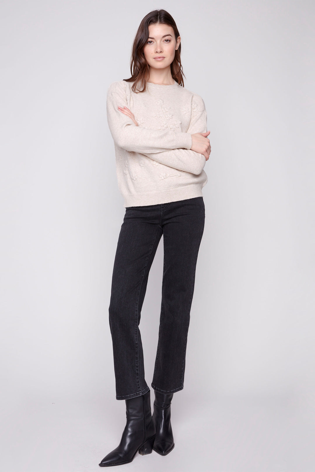 LS TOP WITH TONAL FLORAL EMBROIDERY