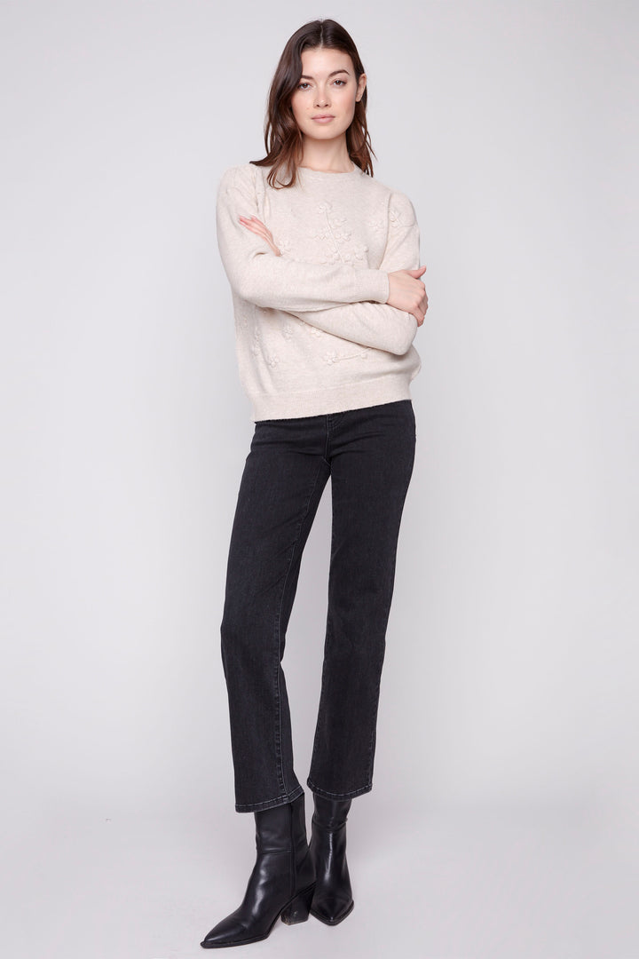 LS TOP WITH TONAL FLORAL EMBROIDERY