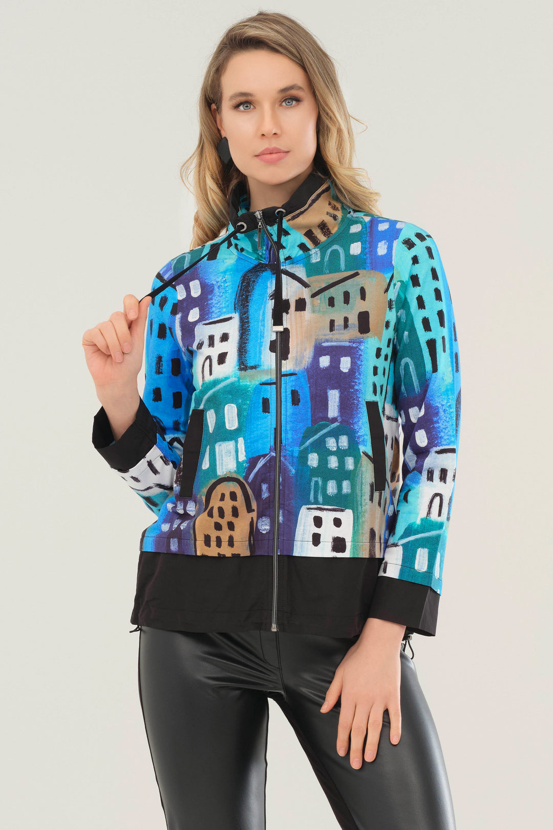 This jacket is artistically designed by Canadian artist Linda Woods, featuring a stand-up collar, front zipper, two front pockets, drawstring waist and long sleeves.