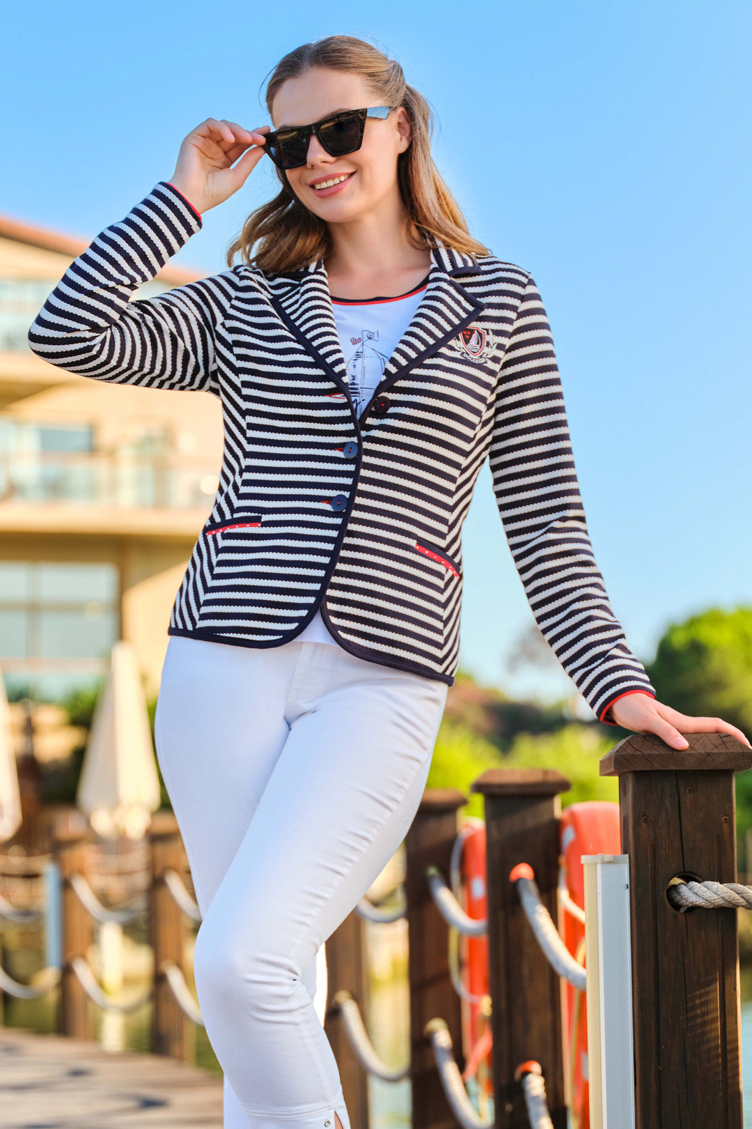 Dolcezza spring 2024  This fitted jacket features a classic collar and a timeless stripe print that is sure to make a statement!