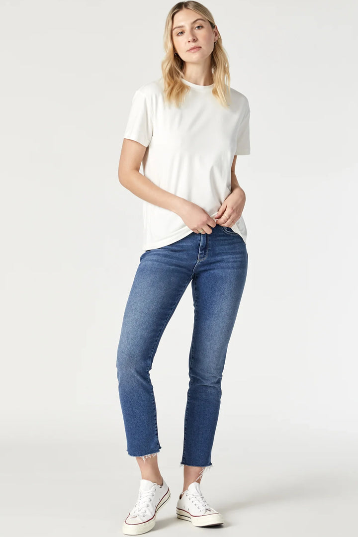 The high-rise fit and cropped straight leg give a trendy look, while the torn hem design adds a touch of edginess.