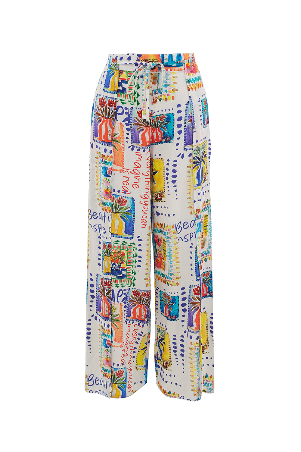 Colorful patterned pants on a white background