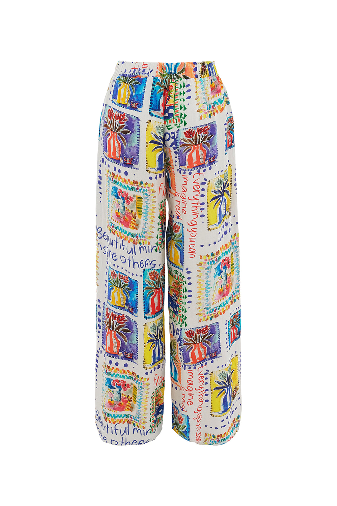 Colorful patterned pants on a white background