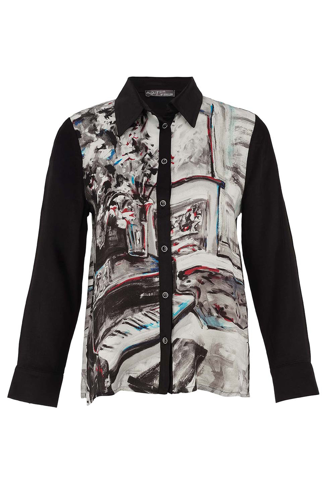 Dolcezza Fall 2025 
The Piano Blues Blouse features a contrasting bold classic collar and front buttons that elevate its refined design. 