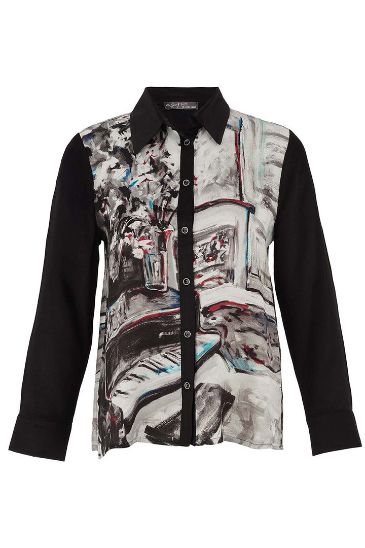 Dolcezza Fall 2025 
The Piano Blues Blouse features a contrasting bold classic collar and front buttons that elevate its refined design. 